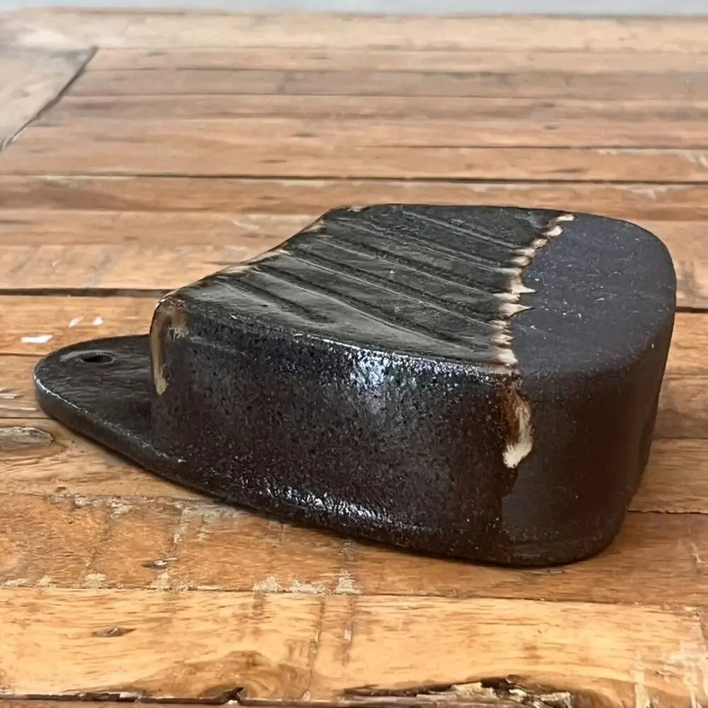 Studio Pottery Wall Pocket Vase 6.5 in Abstract Black Impressed Lines Decor